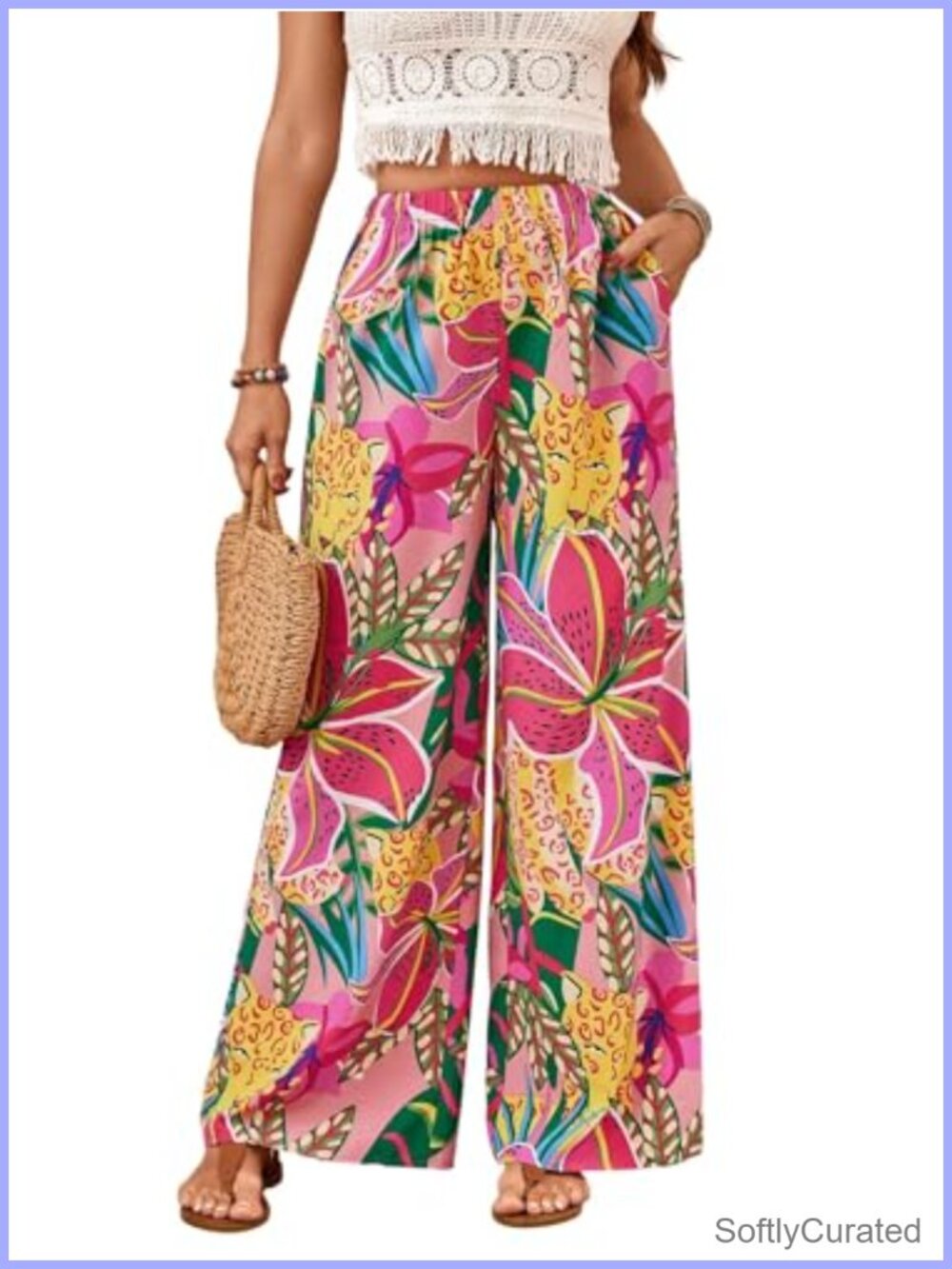 Hawaiian Tropical Beach Palazzo Pants Flowy Boho Summer Wide Leg Trousers